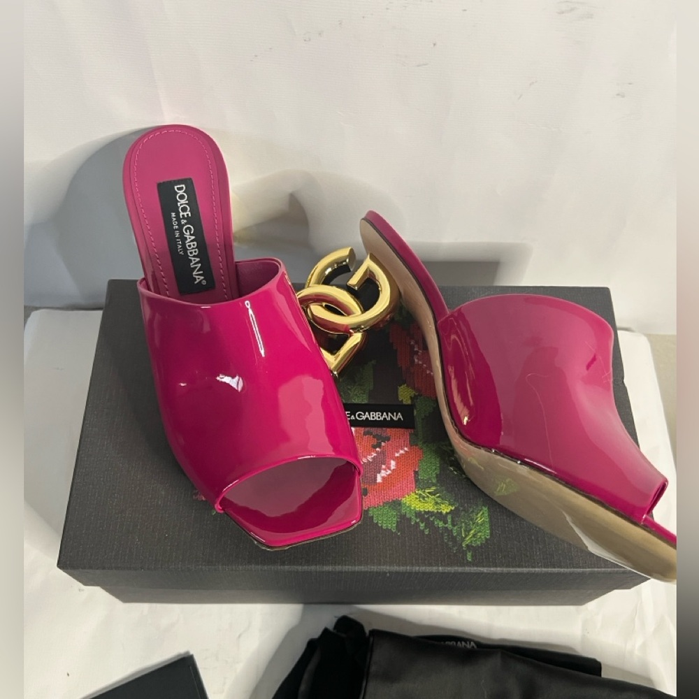 Dolce & Gabbana Fuchsia CIABATTA TACCO with Gold Interlocking Heels SZ 41EU/11US - Picture 9 of 15